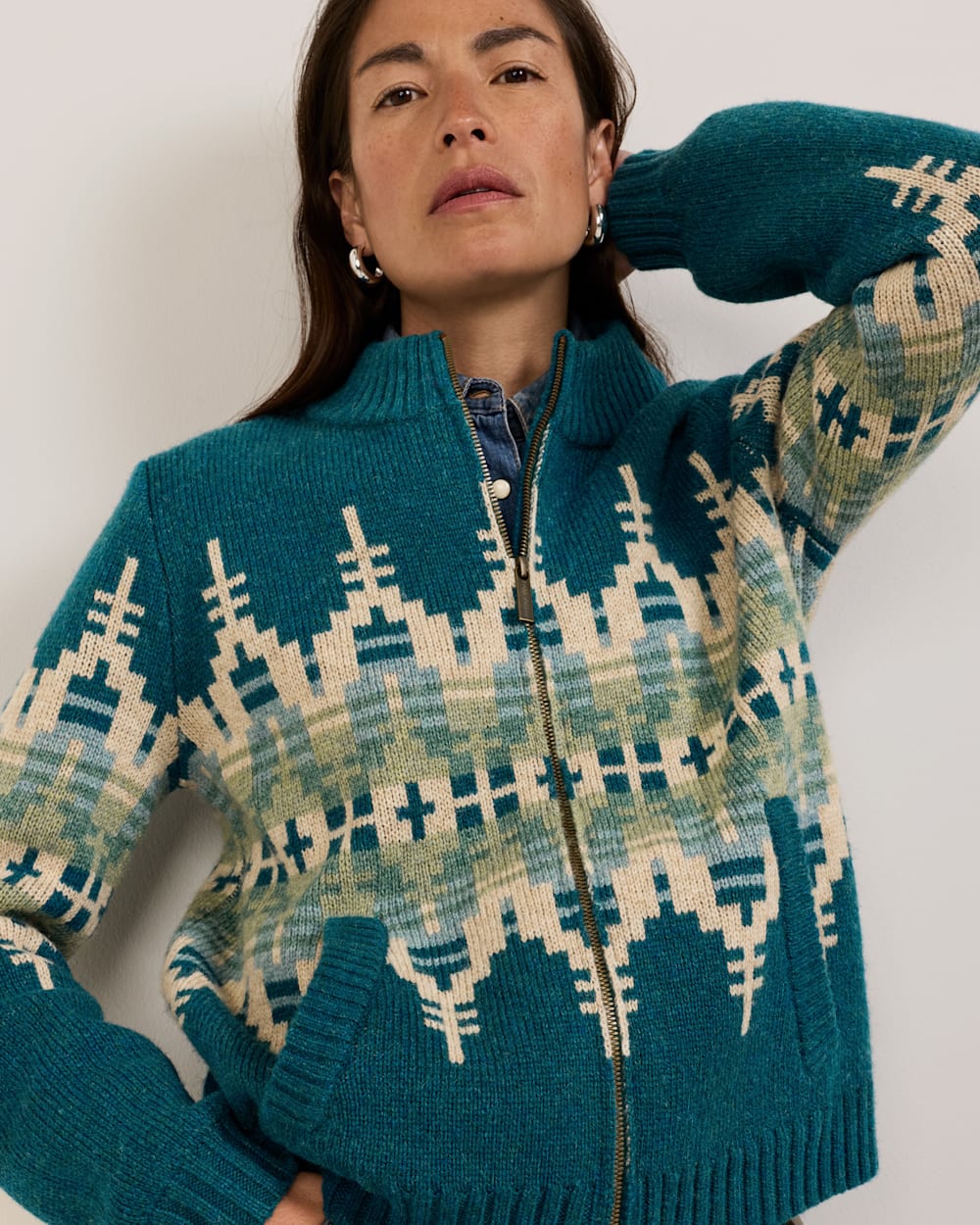 PENDLETON WOMEN'S GRAPHIC SHETLAND COLLECTION ZIP CARDIGAN