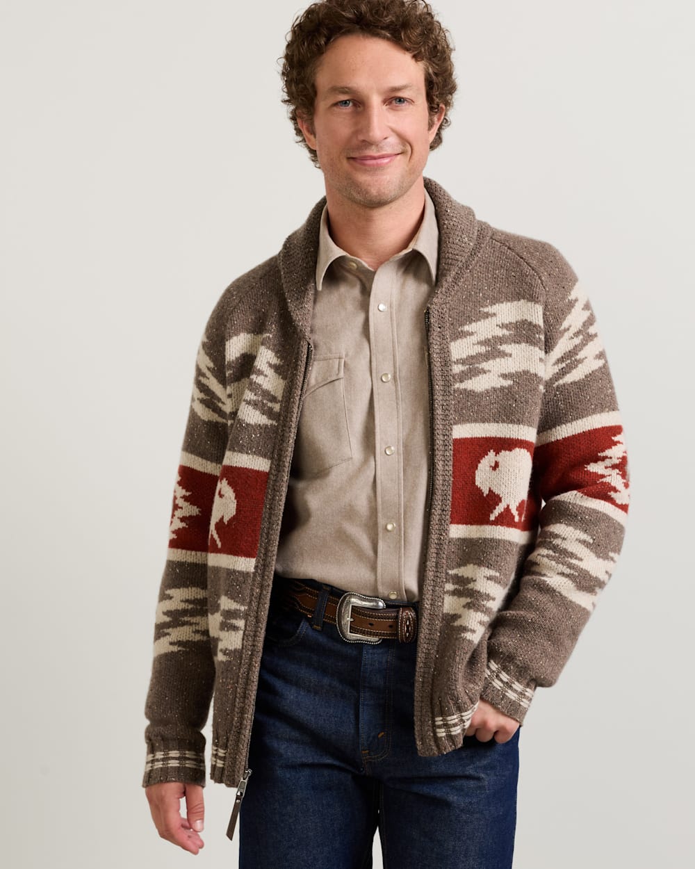PENDLETON MEN'S BISON LAMBSWOOL ZIP CARDIGAN