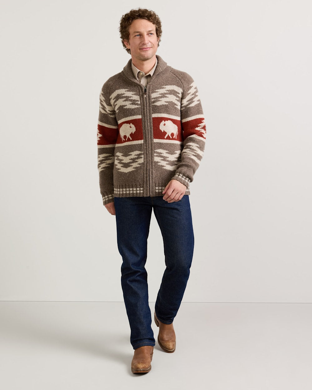PENDLETON MEN'S BISON LAMBSWOOL ZIP CARDIGAN