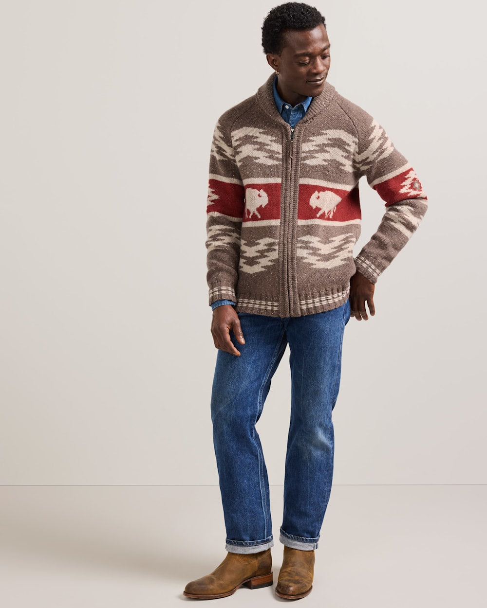 PENDLETON MEN'S BISON LAMBSWOOL ZIP CARDIGAN