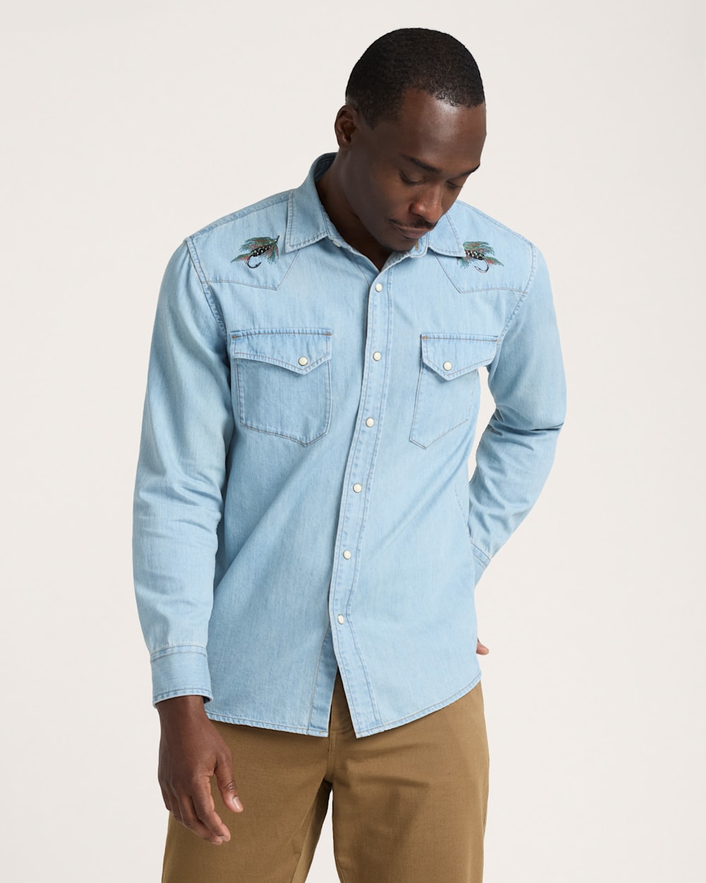 PENDLETON MEN'S SALMON EMBROIDERED DENIM GAMBLER SHIRT